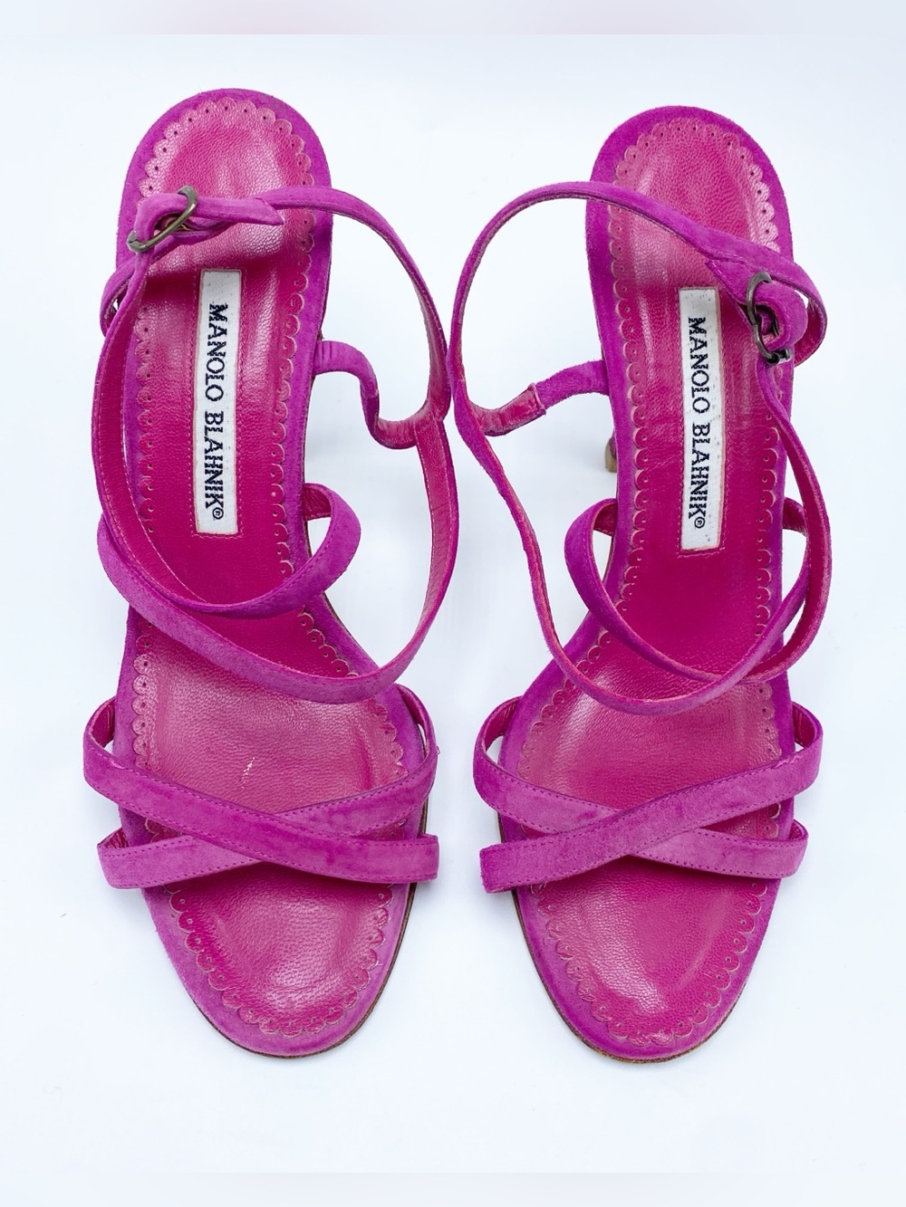 Manolo Blahnik 36.5 / 6.5 Fuchsia Suede Strappy Stiletto Heel Sandals - Picture 5 of 10
